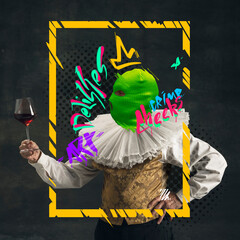 Contemporary art collage. Medieval royal person in green balaclava rising glass of wine, posing isolated over dark vintage background