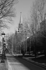 Black and white photography. Alexander Garden, view of the Nikolskaya tower of the Moscow Kremlin....
