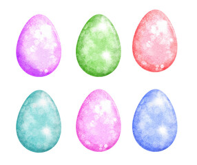 Watercolor hand drawn Easter eggs in purple pink green blue. Spring egg hunt april celebration design with glitter shiny shimmering texture background.