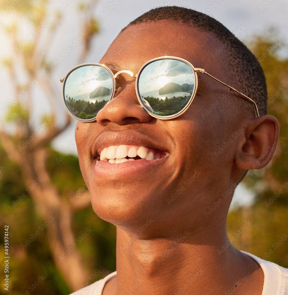 Poster now thats what i call a view. shot of a happy young man wearing sunglasses while admiring the view o