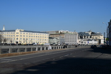 Panorama of the Vodootvodny Canal embankment. Sunny spring day in the city. March 24, 2022 Moscow, Russia.
