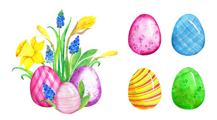 Watercolor colorful easter eggs, daffodils, green leaves set, bouquet. Happy easter hand painted arrangement. Spring floral, holiday illustration