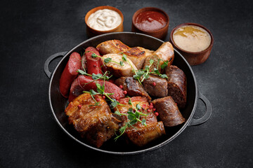 Grilled meat platter in a pan and sauces