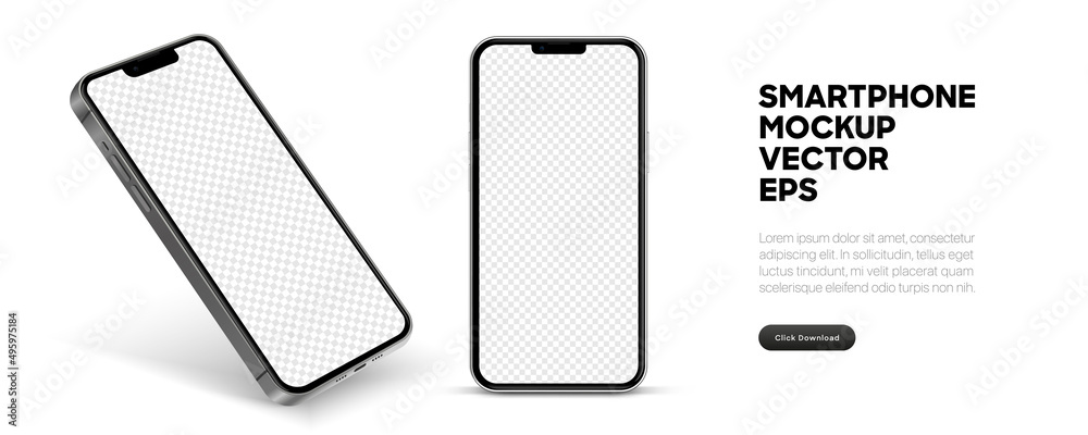 Poster Realistic smartphone mockup. Mobile phone vector with isolated on white background. Device front view. 3D mobile phone with shadow. Realistic, high quality smart phone mockup for ui ux presentation.