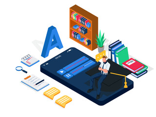Male student listening audiobook at smartphone device, isometric e-learning activity concept. Male with graduation cap, cell phone, book, book shelves, worksheet, vector