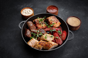 Grilled meat platter in a pan and sauces