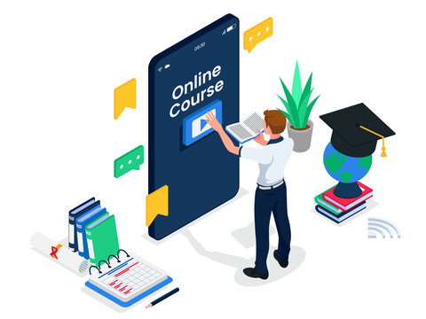 Male student access online course video at smartphone device, isometric online education illustration concept. Male with big cell phone screen, graduation cap, globe, book. Vector