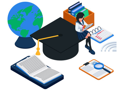 Female student reading ebook and sit on big graduation hat, isometric e-learning illustration concept. Female with smartphone, books, globe, magnifying glass, worksheet. Vector