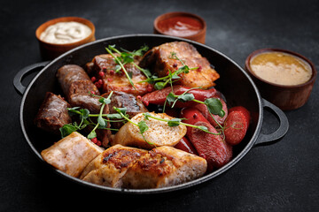 Grilled meat platter in a pan and sauces