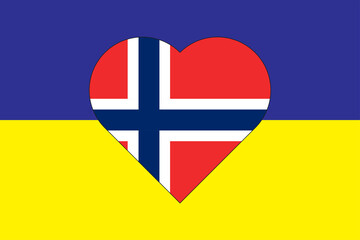 Heart painted in the colors of the flag of Norway on the flag of Ukraine. Illustration of a heart with the national symbol of Norway on a blue-yellow background