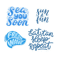 Colourful summer lettering set in modern style. Hand-drawn holiday decorations. Isolated vector illustration designs with summer elements. Vector typography collection.
