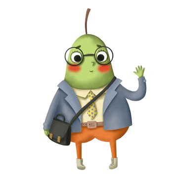 Cute cartoon character green pear in a suit and glasses