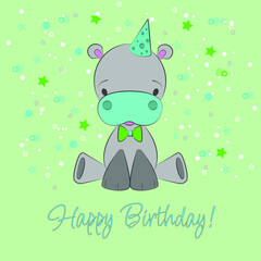 Fototapeta premium Happy birthday geeting card illustration. Cute Cartoon Hippo boy. cute happy birthday card with fun hippo and stars. 