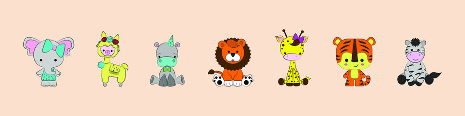 Obraz na płótnie Canvas Safari animals set cartoon characters. Cartoon animals flat set. Cute African animals. Hand-drawn characters. Cute funny animals. Vector illustration.