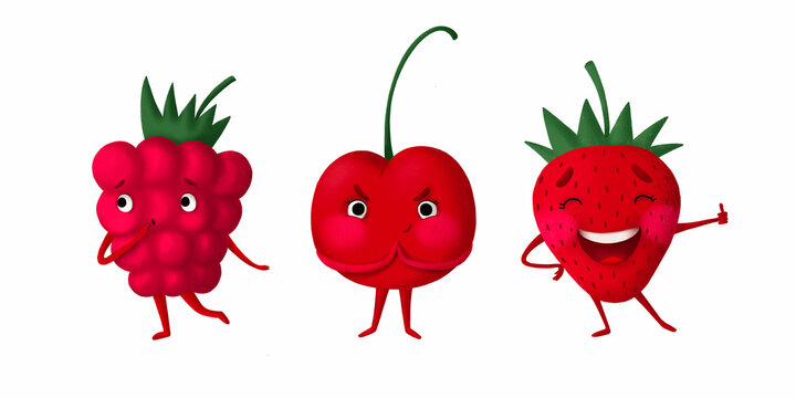 A collection of bright cartoon characters of raspberries, cherries and strawberries