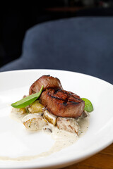 delicious food on a wooden table in a premium restaurant
