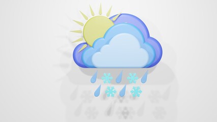 3d cloud icon with sun, rain and snow. 3d rendering. Design for weather forecast.
