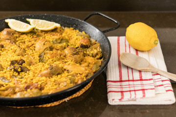 valencian paella with chicken and rabbit ready to serve