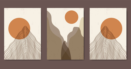 Fototapeta premium Abstract contemporary mountain landscape posters. Modern textured boho background set with mountains