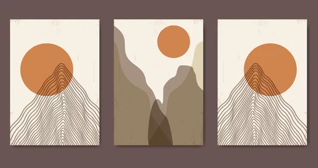 Selbstklebende Fototapeten Cappuccino Abstract contemporary mountain landscape posters. Modern textured boho background set with mountains  © Natalya Nepran