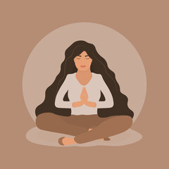 Cartoon woman in lotus yoga pose. Girl sitting on floor with praying hands. Vector illustration.