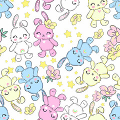 Rabbit Seamless Pattern colorfull Hand Drawn Bunny print design rabbit background Vector Textile for Kids Fashion