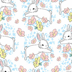 Cute rabbits and flower arrangement pink background vector seamless pattern