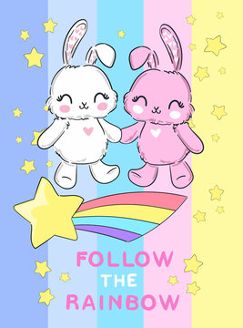 Hand Drawn Cute Bunny and rainbow, kids design rabbit vector illustration