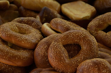 Fresh soft bagels. Beautiful pastries on the counter. Traditional Jewish pastries