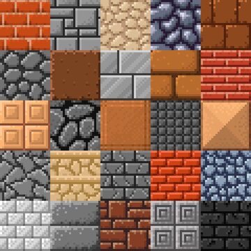 Tile, stone brick or porcelain stoneware and marble roof tiles, vector retro 8bit pixel art. Game surface pattern background of 8 bit pixel cubic brickwork, rock gravel or concrete wall blocks