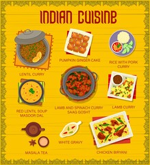 Indian food restaurant dishes menu page design. Pumpkin ginger cake, lentil and rice with pork curry, Masoor Dal lentil soup, Saag Gosht lamb curry and masala tea, chicken Biryani, white gravy vector - obrazy, fototapety, plakaty
