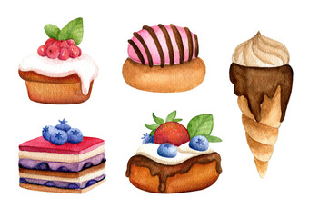 Set of sweet cakes. Watercolor hand drawn - 495979918