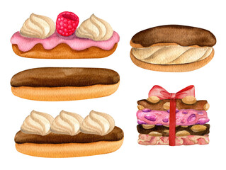 Set of sweet pastry. Watercolor hand drawn - 495979920