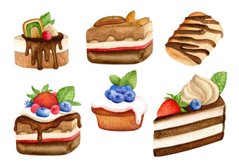 Set of sweet cakes. Watercolor hand drawn - 495979921