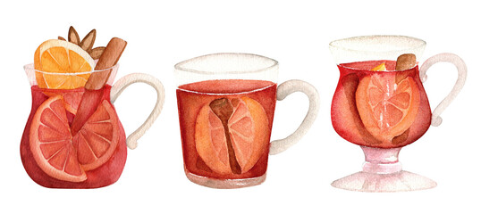 Set of hot tea with citrus miny and cinnamon. Watercolor hand drawn - 495979924