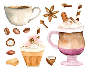 Set of coffee, nuts and spices. Watercolor hand drawn - 495979925
