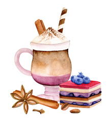 Coffee, sweet cake and spices. Watercolor hand drawn - 495979926