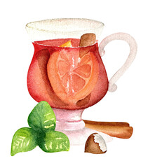Hot tea with citrus miny and cinnamon. Watercolor hand drawn - 495979928