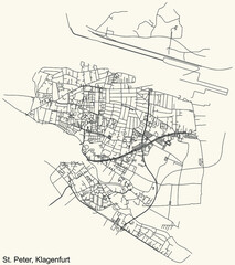 Detailed navigation black lines urban street roads map of the ST. PETER DISTRICT of the Austrian regional capital city of Klagenfurt, Austria on vintage beige background