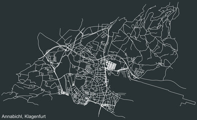 Detailed negative navigation white lines urban street roads map of the ANNABICHL DISTRICT of the Austrian regional capital city of Klagenfurt, Austria on dark gray background