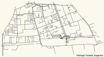 Detailed navigation black lines urban street roads map of the VIKTRINGER VORSTADT DISTRICT of the Austrian regional capital city of Klagenfurt, Austria on vintage beige background
