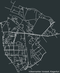 Detailed negative navigation white lines urban street roads map of the VÖLKERMARKTER VORSTADT DISTRICT of the Austrian regional capital city of Klagenfurt, Austria on dark gray background