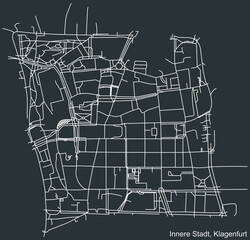 Detailed negative navigation white lines urban street roads map of the INNERE STADT DISTRICT of the Austrian regional capital city of Klagenfurt, Austria on dark gray background