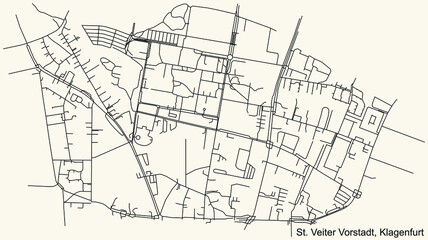 Detailed navigation black lines urban street roads map of the ST. VEITER VORSTADT DISTRICT of the Austrian regional capital city of Klagenfurt, Austria on vintage beige background