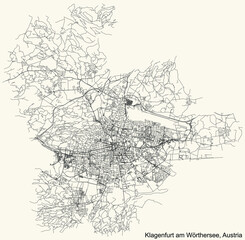 Detailed navigation black lines urban street roads map of the Austrian regional capital city of KLAGENFURT, AUSTRIA on vintage beige background