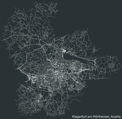 Detailed negative navigation white lines urban street roads map of the Austrian regional capital city of KLAGENFURT, AUSTRIA on dark gray background