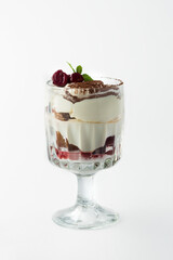 Dessert fruit ice cream, cherry yogurt. Photo of food on a white background