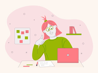 Studying remotely. E-learning, online education, student Internet courses. A pretty girl is sitting at her desk, using a laptop. Illustration of a work or educational process