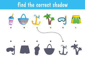 A set of cute items for a summer vacation at the sea - swimming trunks, anchor, lemonade, palm tree. Find the correct shadow. Educational game for children. Cartoon vector illustration, clipart.