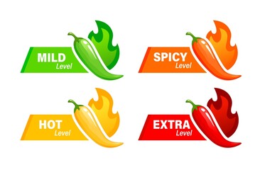 Hot spicy level labels of vector spice food or sauce with mild, extra, spicy and hot taste scale indicators. Isolated chili pepper, jalapeno, cayenne and habanero with red, orange, green, yellow fire